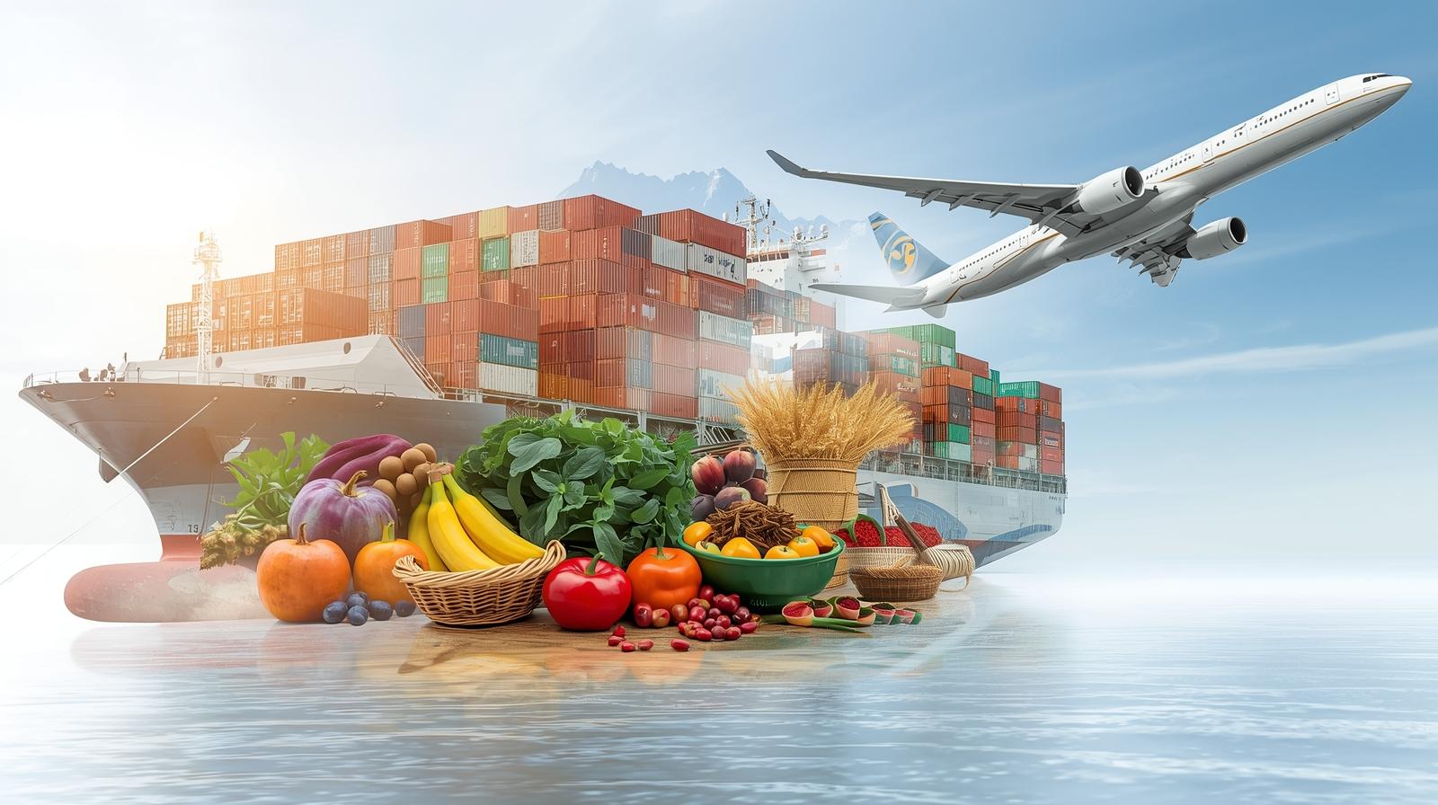 Professional banner image showing shipping containers, cargo ship and airplane blended with fresh agricultural produce like fruits, vegetables, spices and grains. Modern double